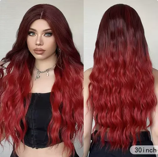 Red Loose Wave Wigs Ombre Long Middle Part Wig Heat Resistant Synthetic Hair for Daily Use Soft Smooth Fake Hair