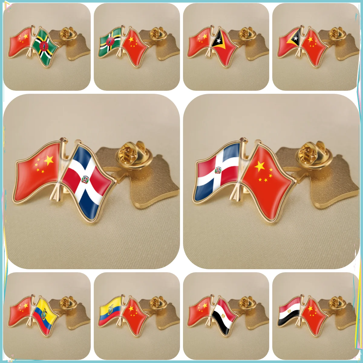 China and Dominican Republic East Timor Ecuador Egypt Crossed Double Friendship Flags Lapel Pins Brooch Badges