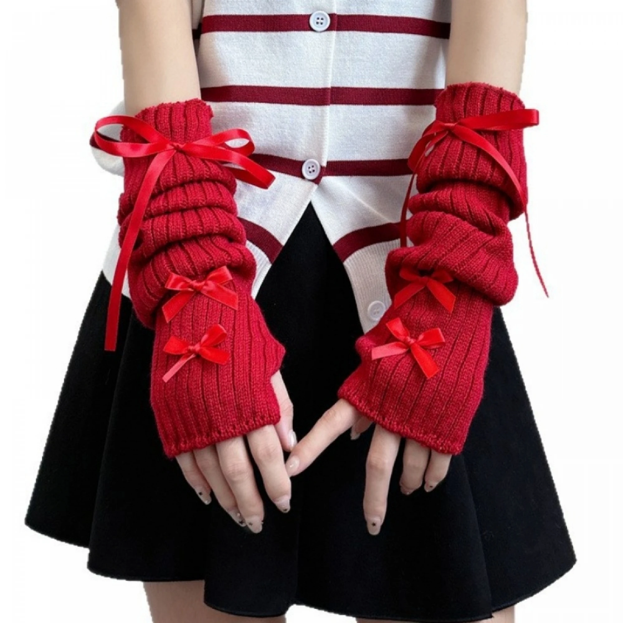Knit Arm Warmers for Women Soft Cozy Bow Decor Winter Gloves