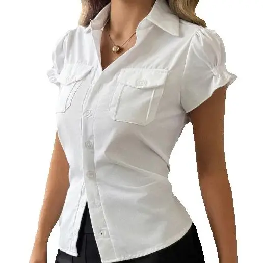 

Y2K Hot Girl Style Pure Color Short-Sleeve Female Button Shirt Women's Clothing 2025 Autumn and Winter Woman Sexy Slim Tops