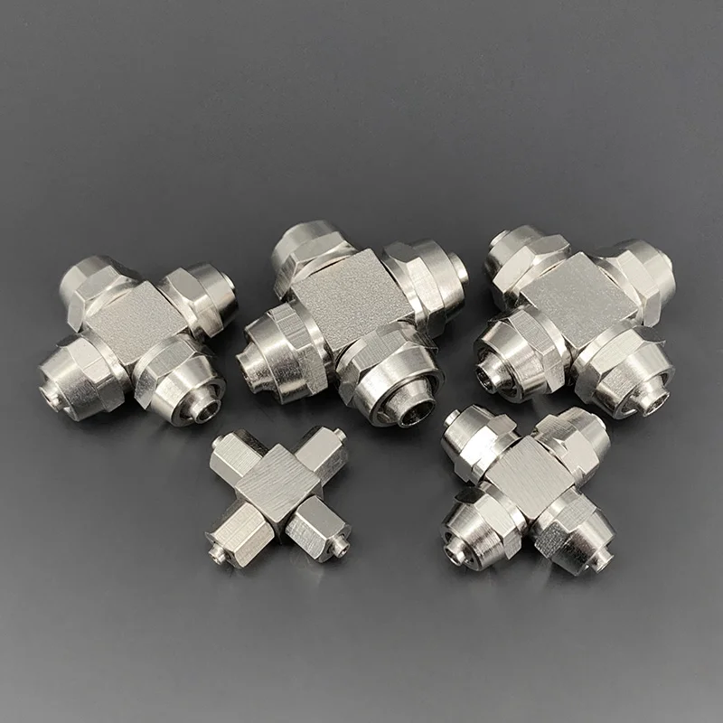 1PCS PZA-4 6 8 10 12mm Quick Twist Connector Cross Type 4 Ways Nickel Plated Brass Pneumatic Fast Push Air Fitting for PU Tube