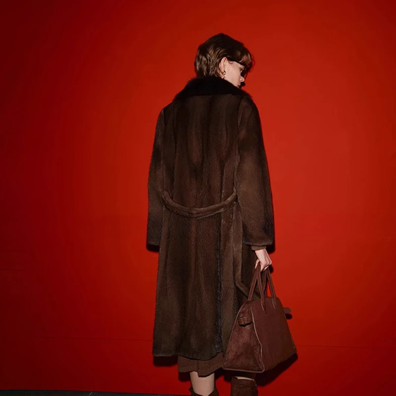 Ftangaiur Winter Import Velvet Mink Fur Coat Turn-Down Collar With Sashes Mink Coat Women X-Long Natural Real Mink Fur Coats