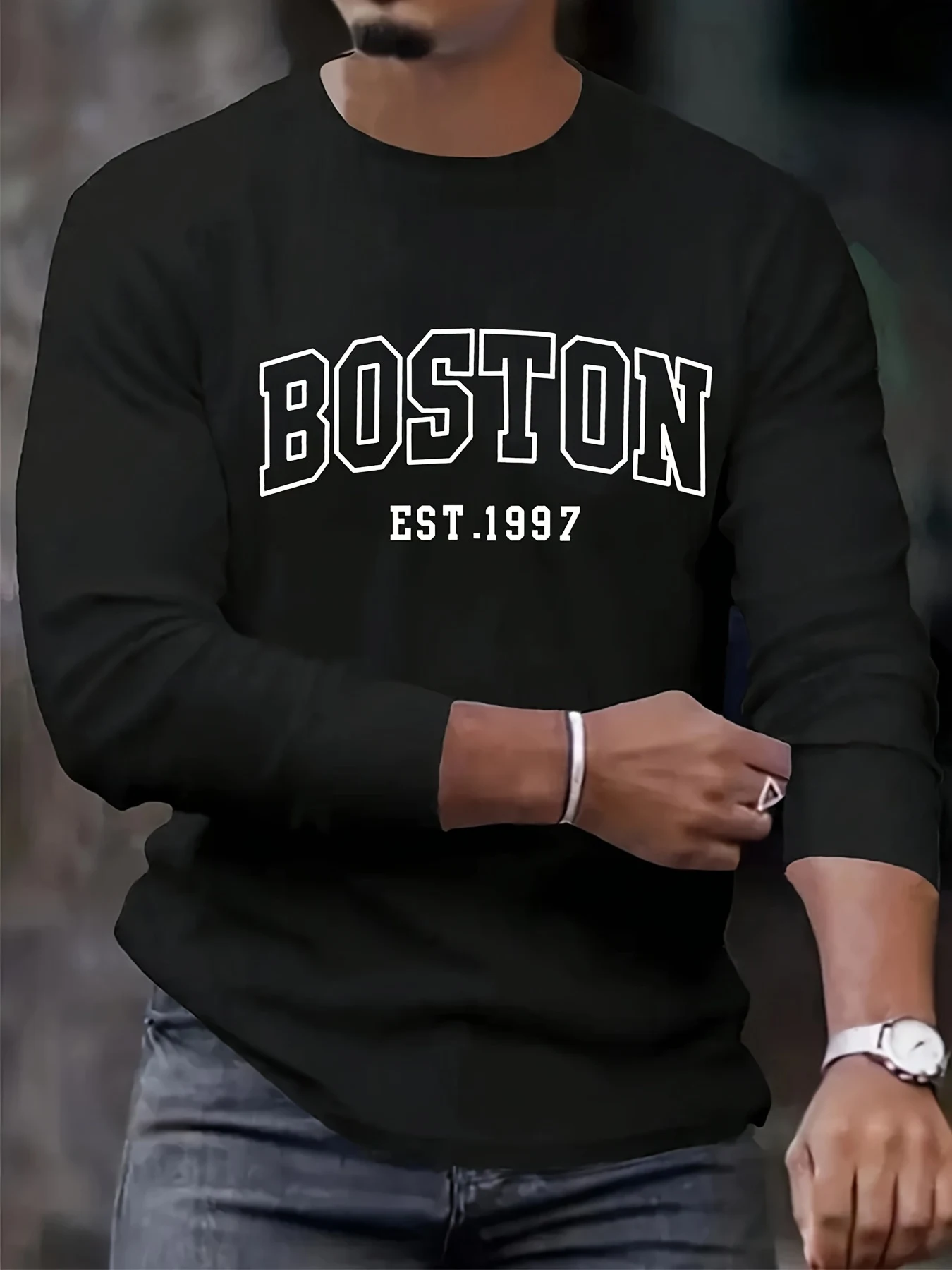 Men's 100% pure cotton loose fit plus size comfortable casual sports Boston letter printed round neck long sleeved T-shirt top image 2