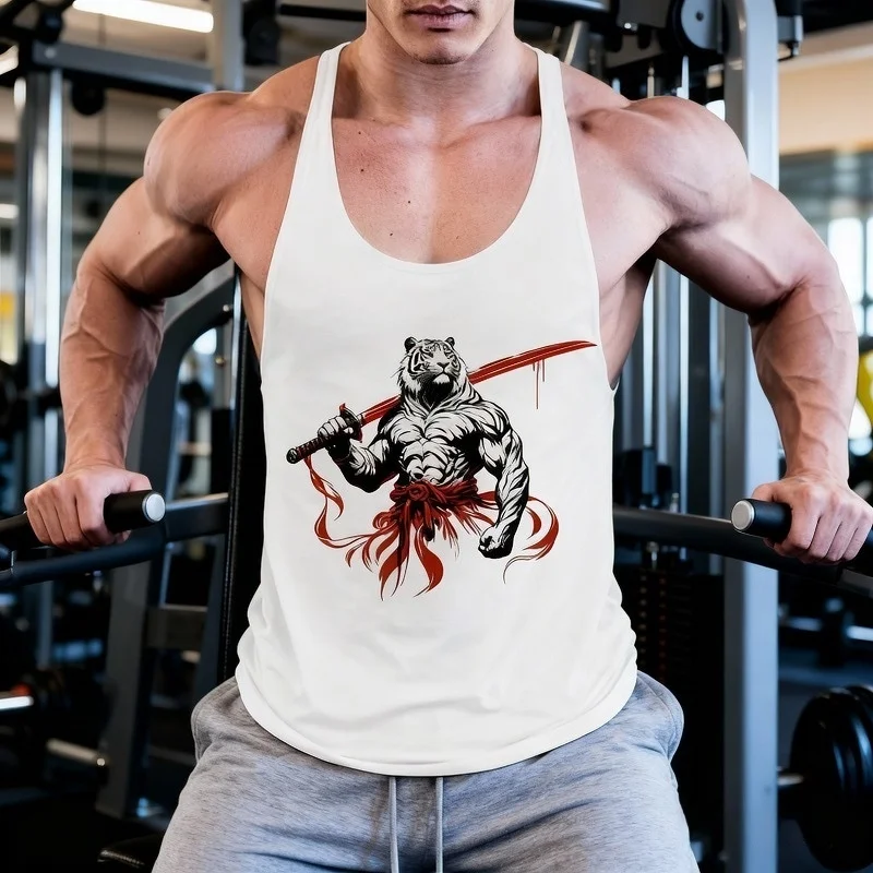Men's Bold Printed Y-Back Gym Tank Top Cotton Quick-Dry Moisture-Wicking Bodybuilding Sleeveless Lifting Fitness Vest
