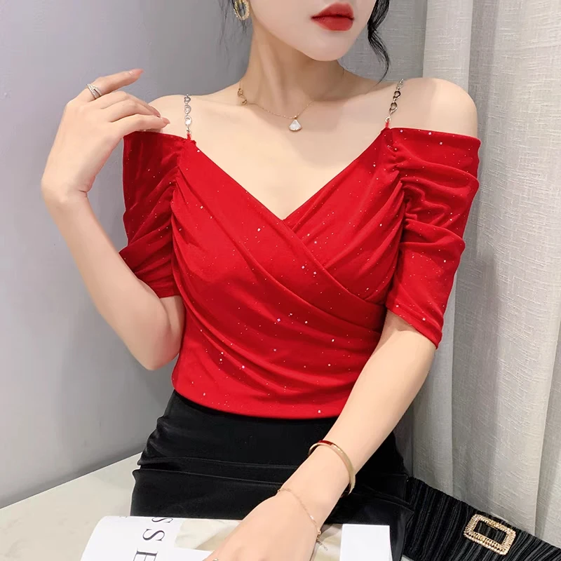 Streetwear Chic Pleated Mesh Stitching Short-Sleeved Women\'s T-Shirt 2023 Summer New Sexy Off-The-Shoulder V-Neck Girl Tees Top