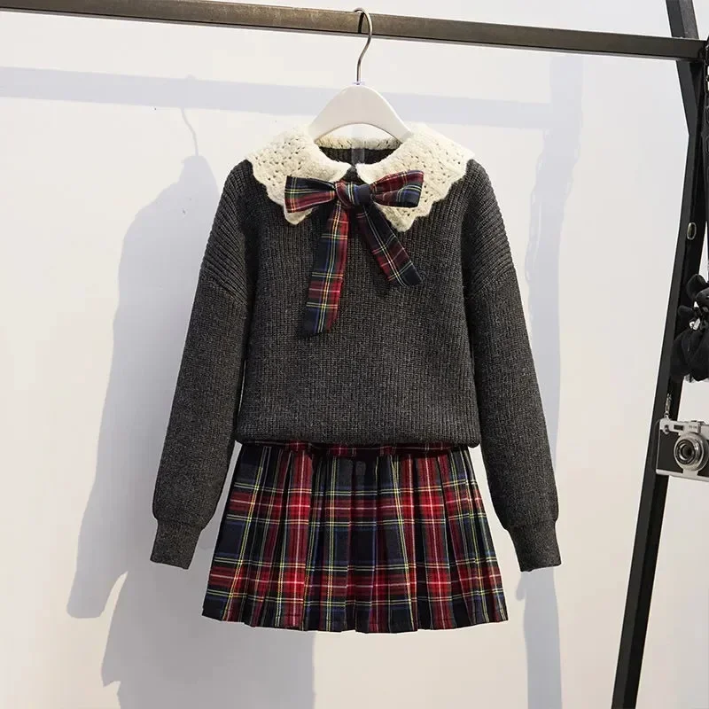 Teenage Girls JK Suit Clothing Winter Children Knitted Lapel Sweater Plaid Pleated Skirt Autumn School Clothes Trend