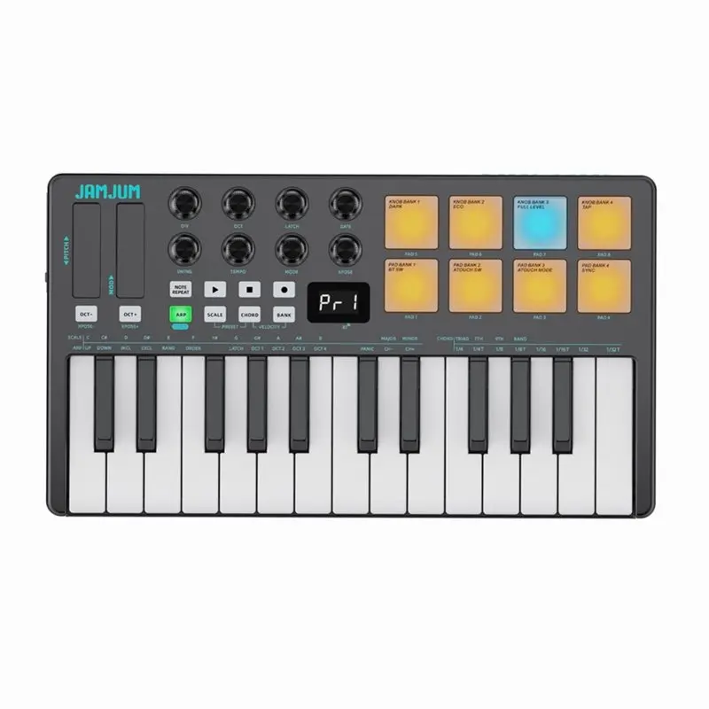 【TRAVEL ESSENTIAL】JAMJUM Wireless MIDI Controller Featuring 25 Velocity-Sensitive Keys, Drum Pad& Knob, 8 RGB Backlit Keyboard