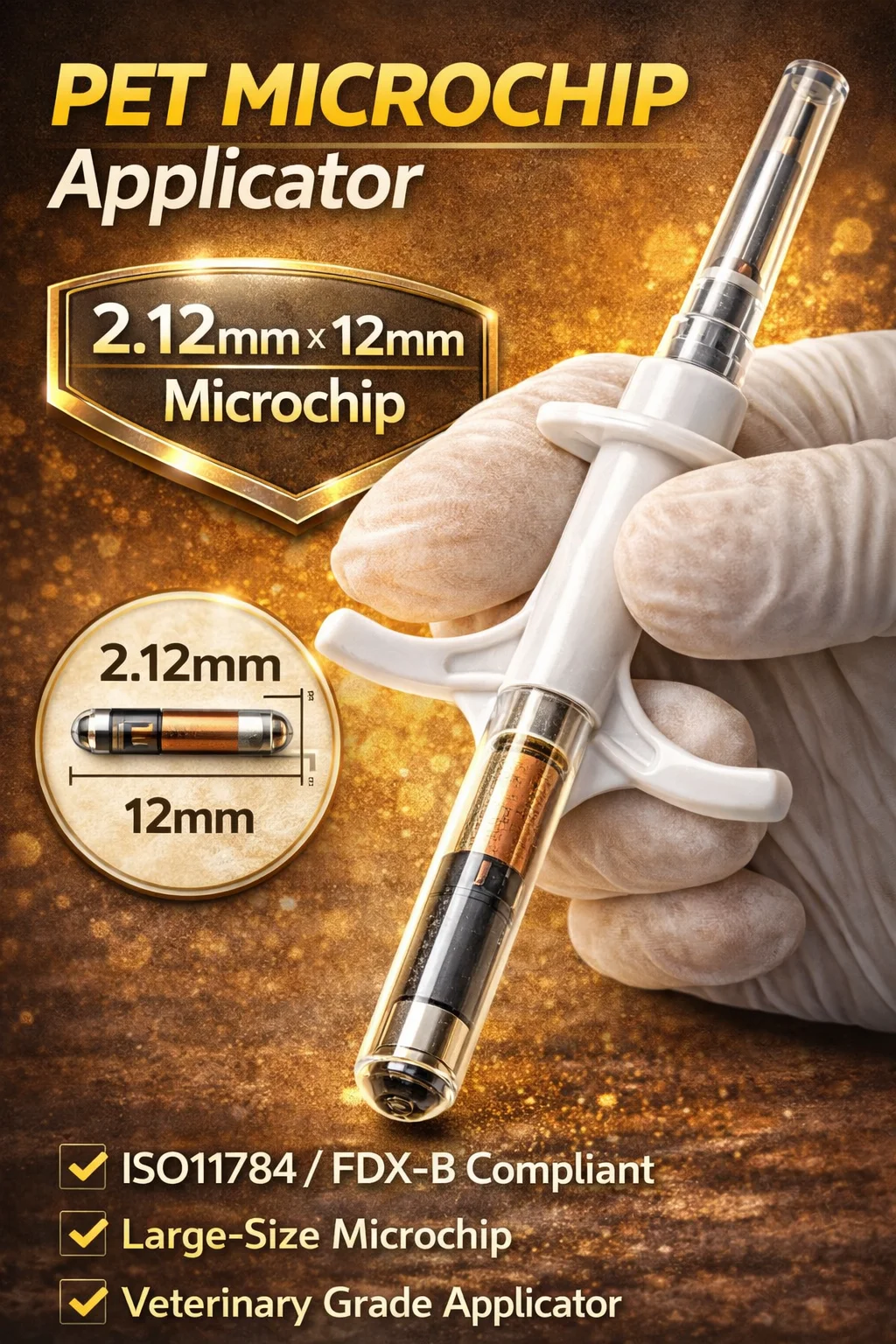 

Dog Pet Microchip 2.12x12mm RFID 134.2kHz ISO11784/11785 Animal ID Transponder with Sterile Syringe Applicator Optional Quantity
