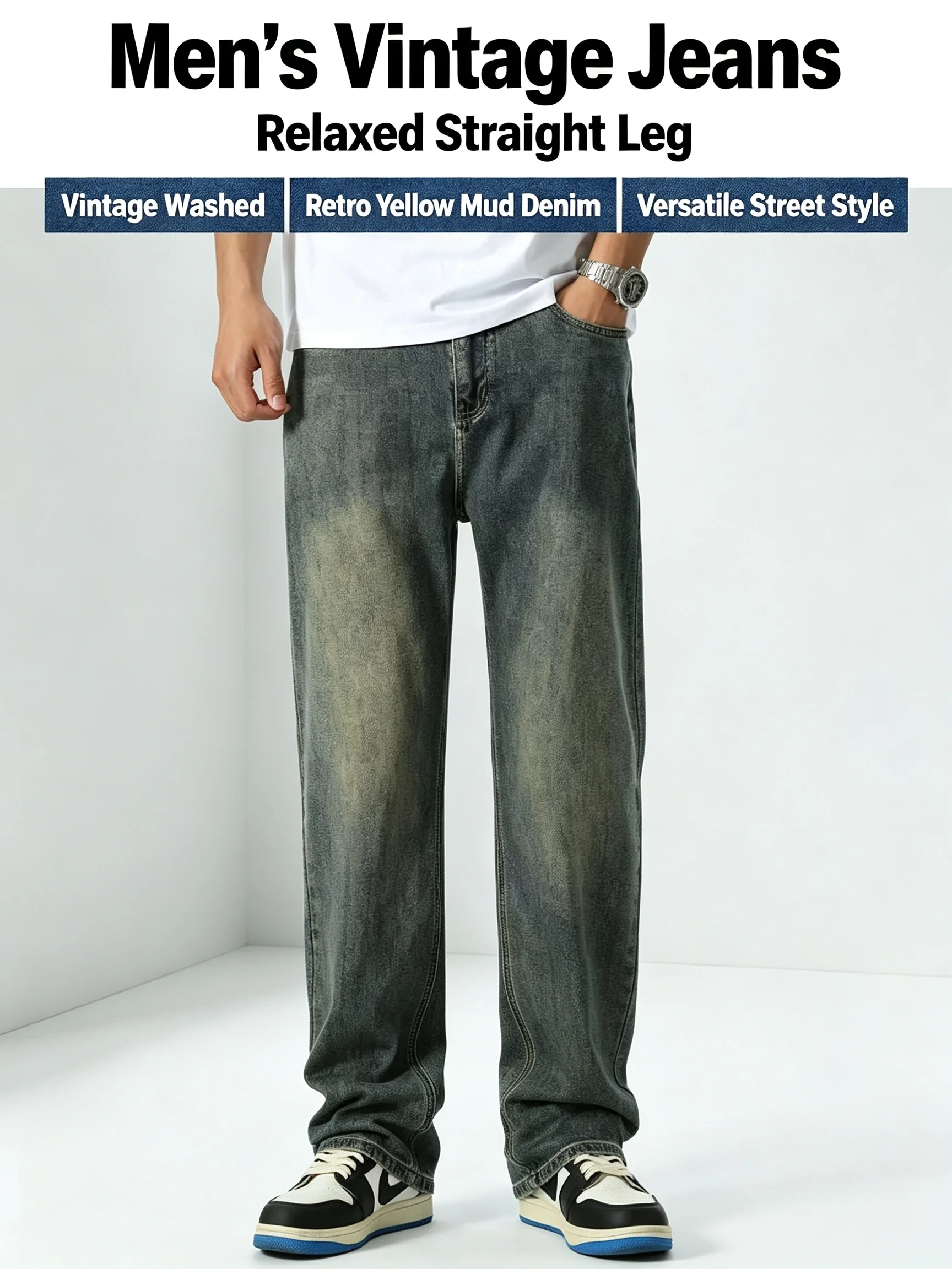 2026 New Men's Jeans Fashion Versatile Vintage Style Casual Slightly Stretch Loose Straight-Leg Youth Jeans