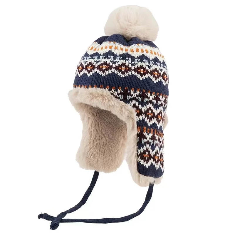 Czapka zimowa damska Outdoor Ski Gruba ciepła czapka bomberka z nausznikami Retro Cute Pompom Fluzzy Peruvian Hat Ear-flapped Russian Cap