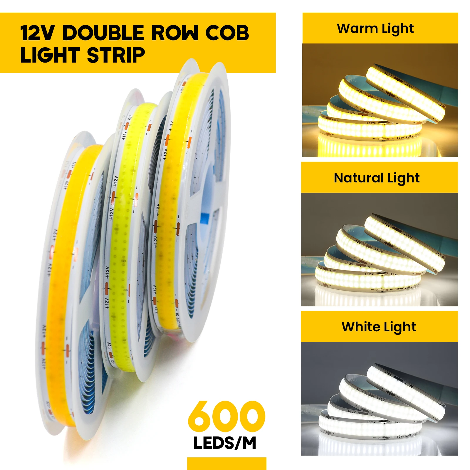 DC12V 24V COB LED Strip Double Row Super Bright 600 LEDs/m Flexible Dimmable Led Tape RA90 3000K 4000K 6500K Linear Lighting