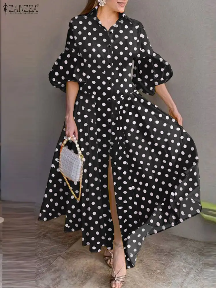 2025 ZANZEA 우아한 랜턴 소매 파티 드레스 스타일리시 여성 맥시 드레스 물방울 무늬 프린트 반소매 선드레스 A라인 베스티도