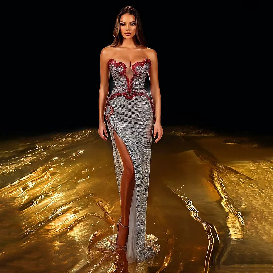 

OEING Brilliant Mermaid Prom Dresses for Women llusion V Neck Side Split Crystal Sequins Evening Dress Robe De Soirée Customized