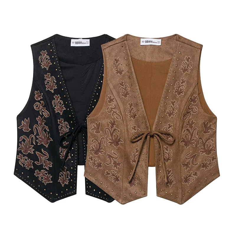 

Chic Fashion Bead Embroidery Vest Woman Faux Suede Vests For Women V Neck Sleeveless Front Lace Up Waistcoat Vintage Crop Top