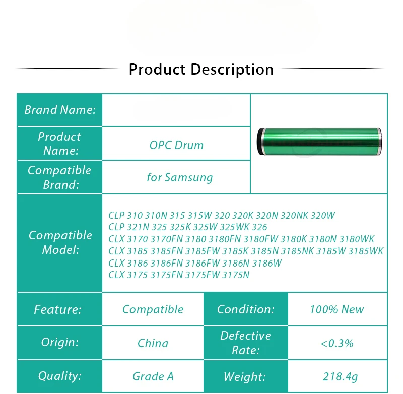 1X OPC กลองสําหรับ SAMSUNG CLP-310 CLP-320 CLP-315 CLP-321 CLP-325 CLP-326 CLX-3175 CLX-3185 CLX-3186 CLX-3170 CLT-R409 CLT-R407