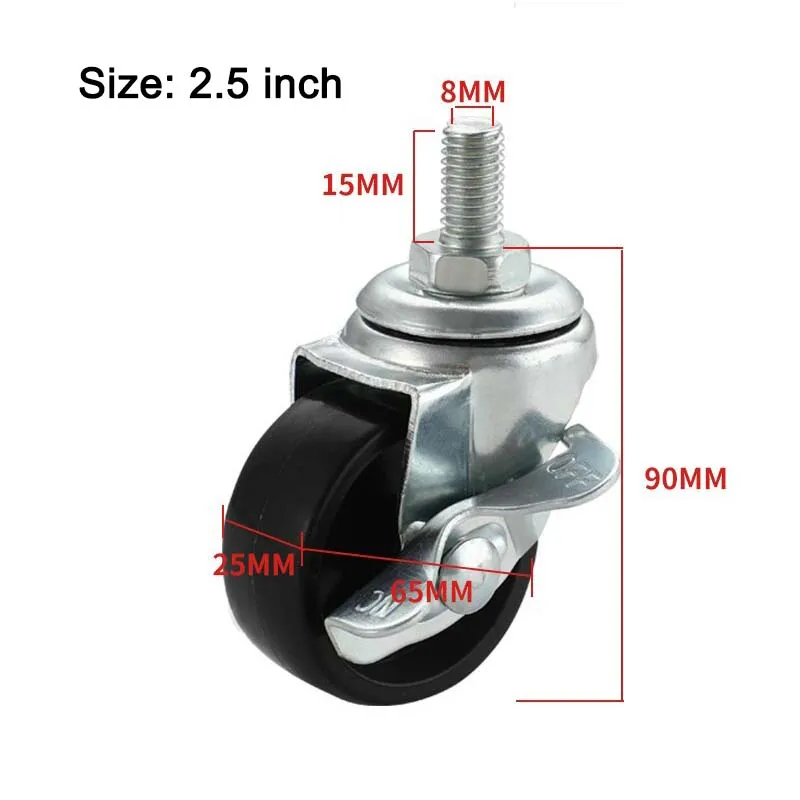 2pcs Screw Rod universal Wheel Caster M8 Screw 1 inch 1.5 Inches 2 Inches 2.5 Inches with Brake Replacement Wheel