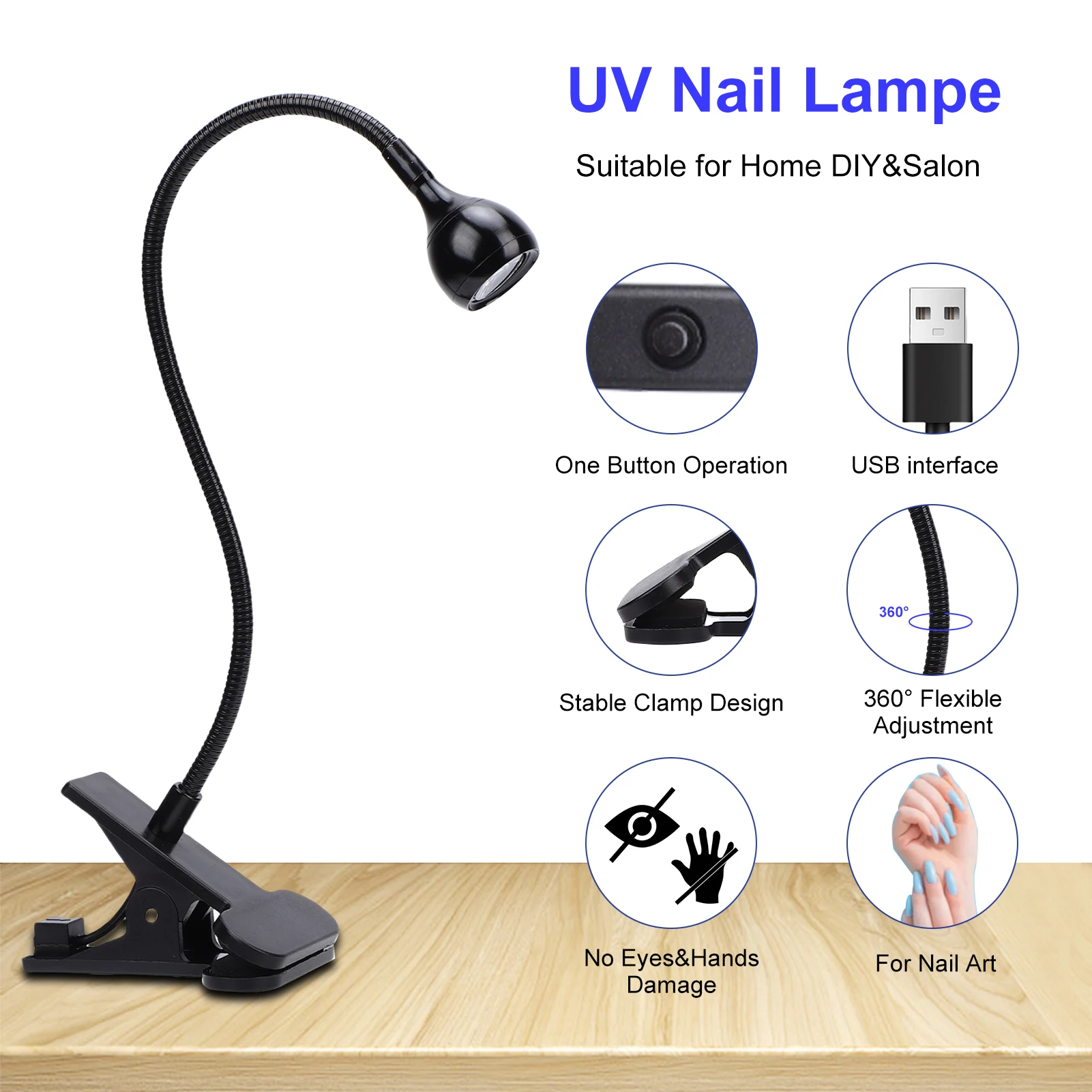 Lampada per unghie UV da 395 nm, lampada per polimerizzazione delle unghie in gel alimentata tramite USB, asciugatrice portatile per smalto gel con interruttore on/off, morsetto forte, 360 °   Rota Rota