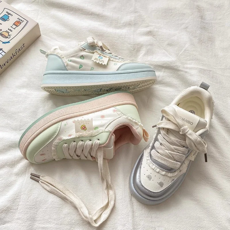 

Детская повседневная обувь Кроссовки ​ Скейт-обувь ​ Нескользящие туфли из искусственной кожи с принтом для девочек, розовые, синие, на толстой подошве, размер 26-37