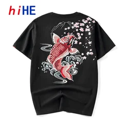 Men Brocade Carp Embroidery Short Sleeve Tshirt Summer Brand Cotton Oversized T Shirt Male Top Clothing 2024 Z1
