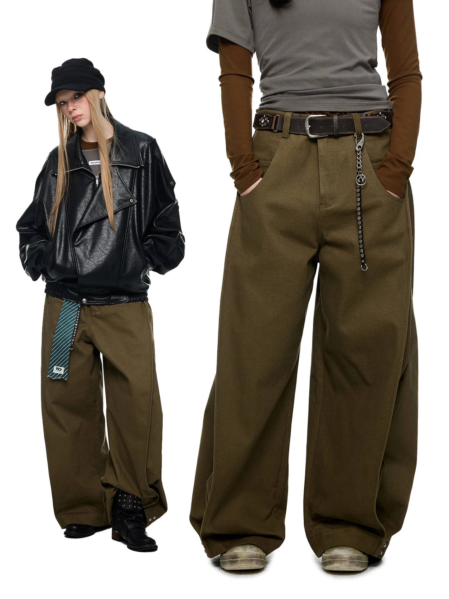 

JIKOO Vintage Long Pants Women's Textured Knife Adjustable Straight Loose Fit Jeans Cotton l Waist Pure Color