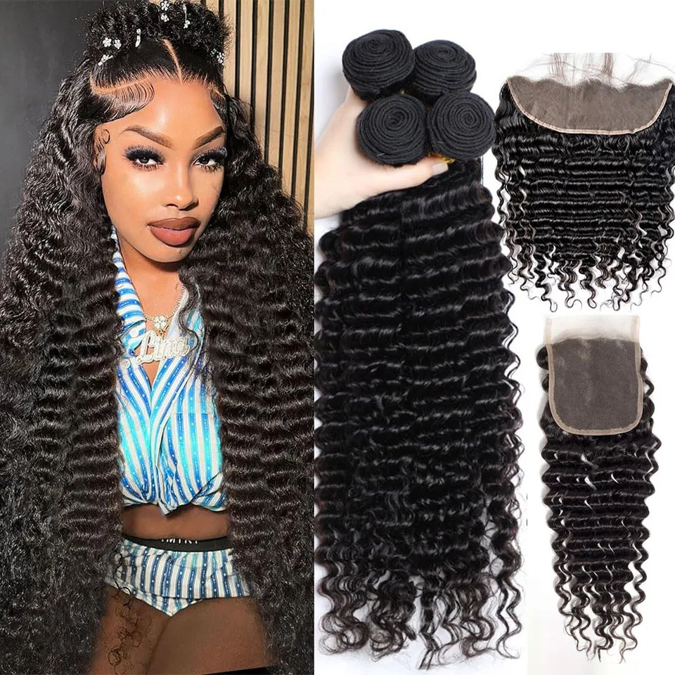 

Натуральные бразильские волосы BINF Deep Wave, 3/4 пучка, 100% натуральные волосы для наращивания на всю голову с фронтальной застежкой 13x4