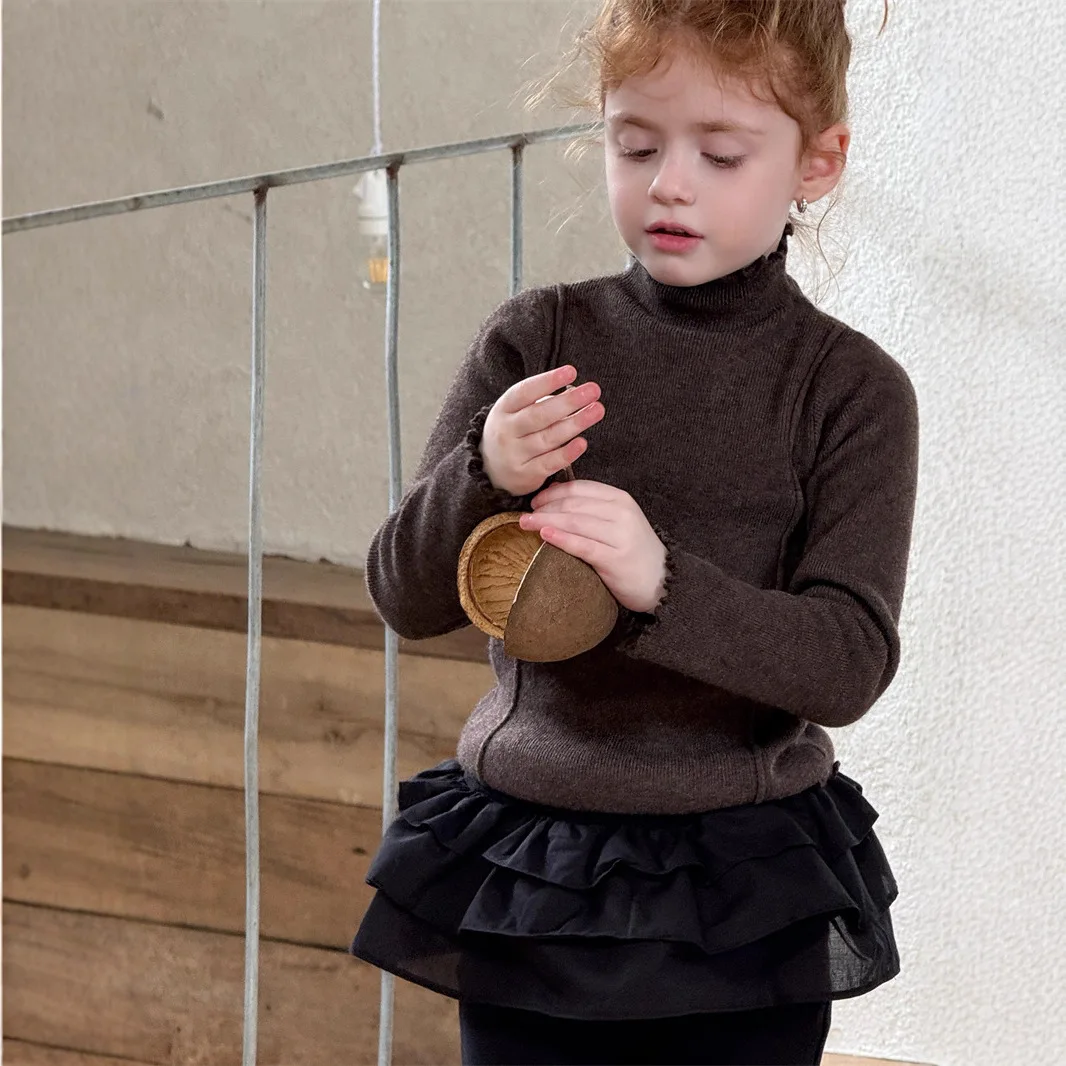 

Korean Kids Baby Girl Sweater 2025 Winter Knited Solid Color Little 3-8Y Girls Tops Turtleneck Versatile Children Girl Sweater
