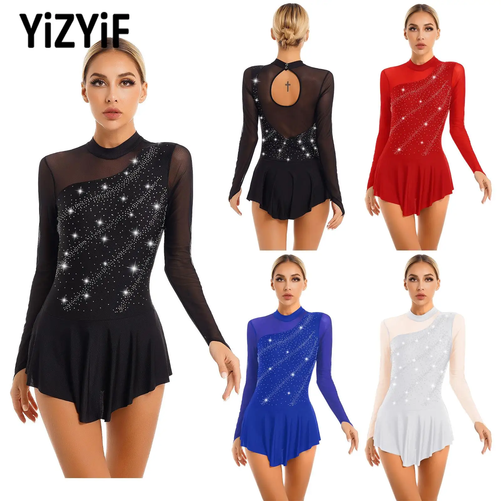 

Shiny Rhinestone Ballet Dance Dress Women Long Sleeve Gymnastics Leotard Dancewear Figure Ice Skating Dance Dress