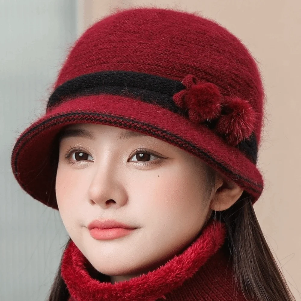Fashion Plush Middle-aged Elderly Bucket Hat Windproof Soft Floral Decor Hat Elegant Cozy Knit Basin Cap Daily Wear