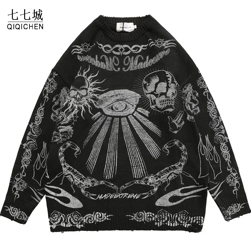 

Oversized Knitted Sweaters Men Harajuku Graffiti Retro Skull Pattern Jumper Pullover Dark Style Punk Streetwear Sweater Unisex