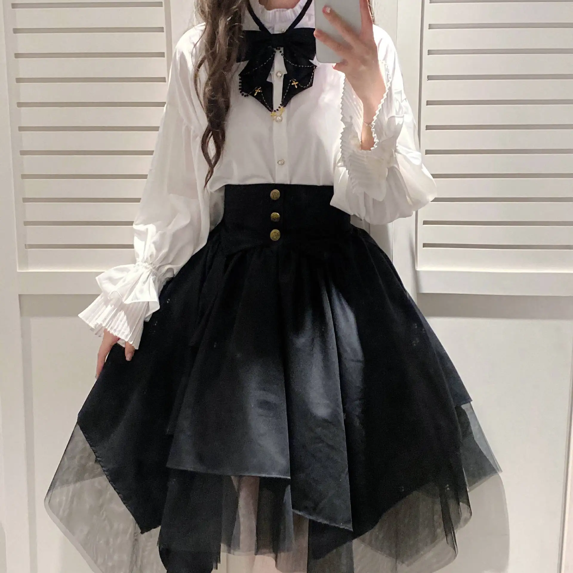 Anime Japanese Gothic Style Shirt Irregular Waistband Mesh SK Skirt Lolita Shirt Retro Miss Set Halloween Costume