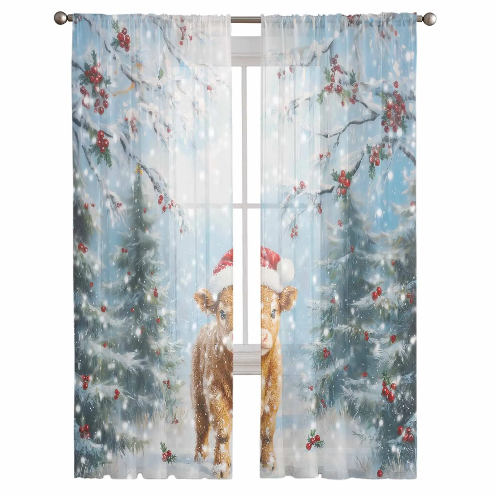 Christmas Highland Cow Pine Tree Curtains Decorations For Home Window Tulle Curtains For Living Room Bedroom