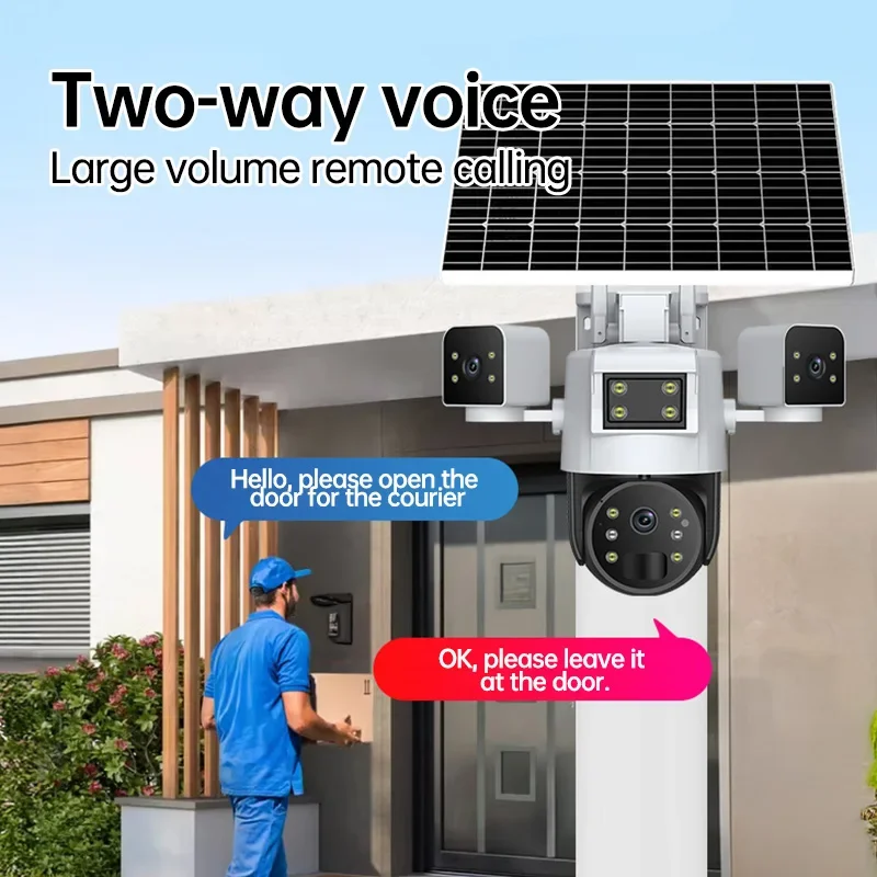 Rscamtom Dual Panel Solar Outdoor Camera 4G Sim Card Triple Lens 360 Degree Motion Detection Night Vision Full Color CCTV Camera