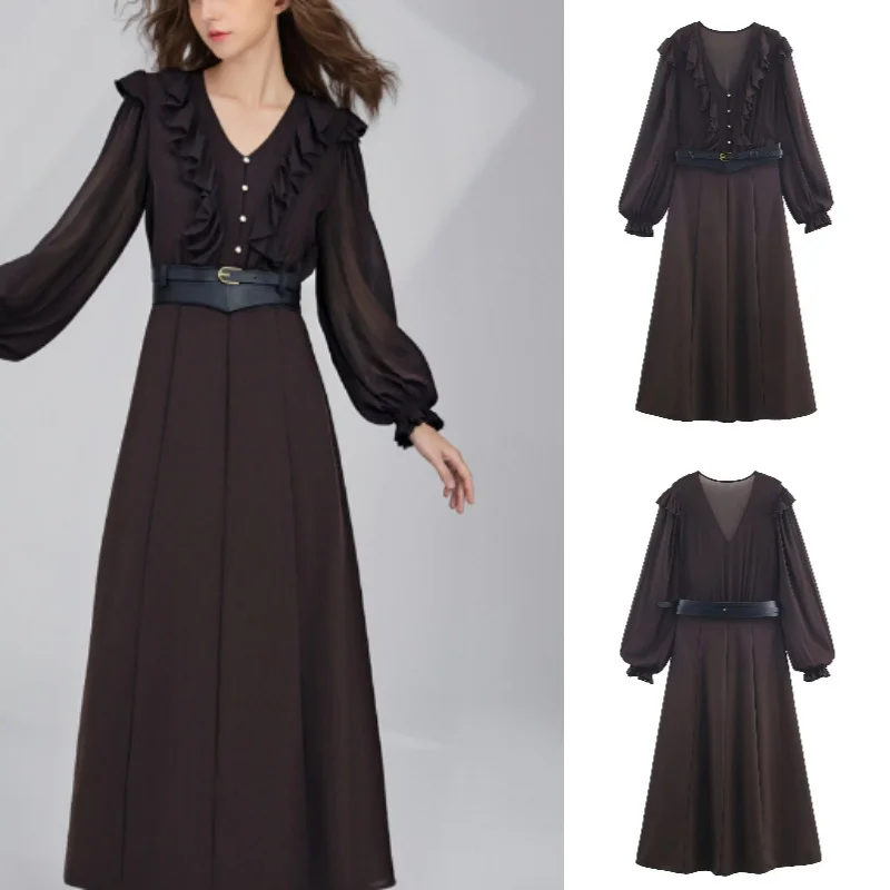 Feminino com cinto retalhos midi vestido na moda sexy moda 2025 outono sazonal casual saia elegante para mulher