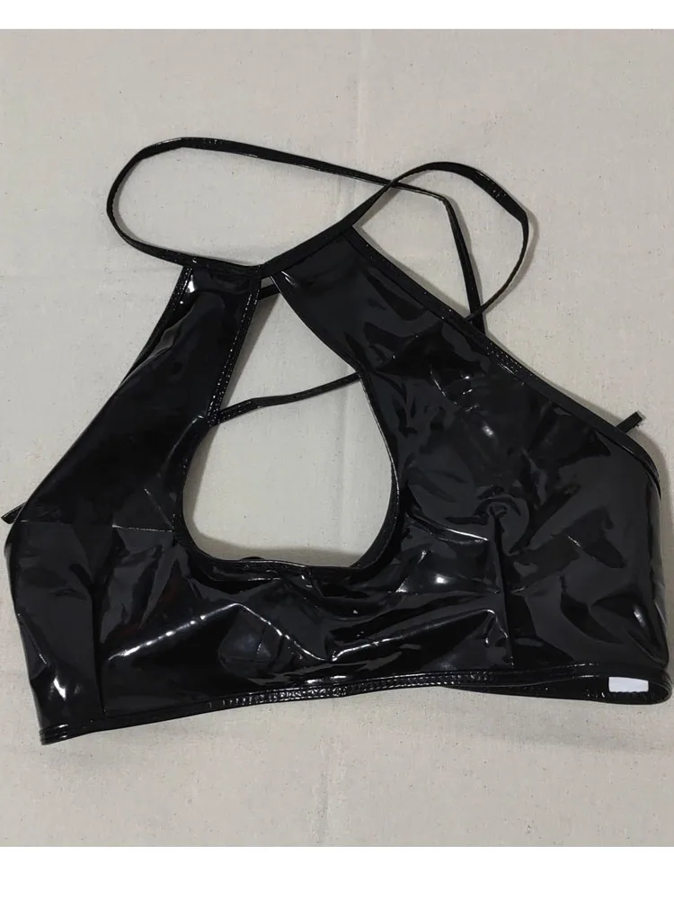 S-3XL Wet-Look PVC Camis Halter Bandage Glänzendes PU-Leder Tanktop Ausgeschnittenes Bustier Crop Top Enganliegendes Croptop Bikini Crop-BH