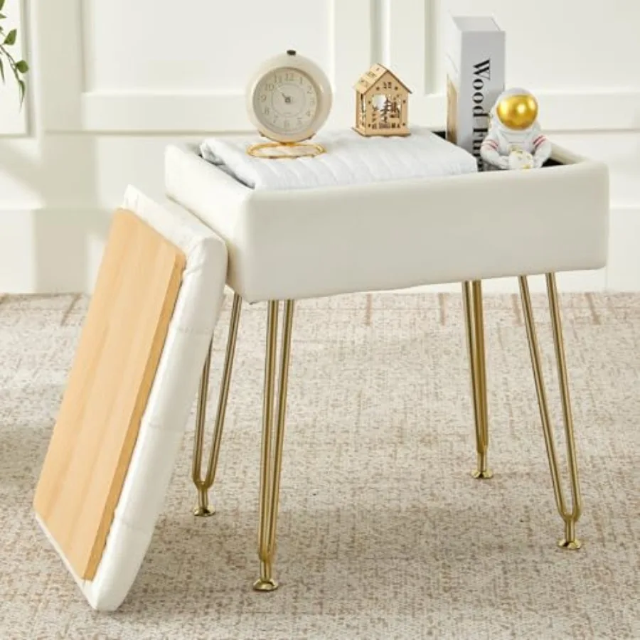 

Vanity Stool Velvet Vanity Stool Chair with Storage Rectangle Makeup Chair Soft Padded Seat with Legs for Bedroom Beige
