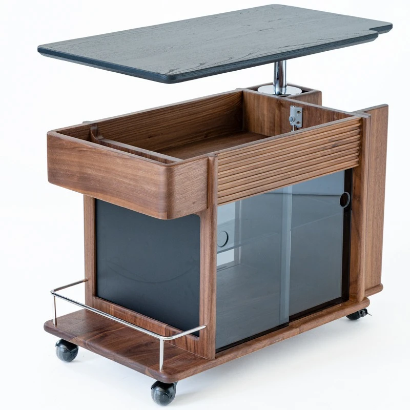 

Black walnut lifting coffee table movable cart Nordic solid wood edge table household Japanese multi-functional sofa