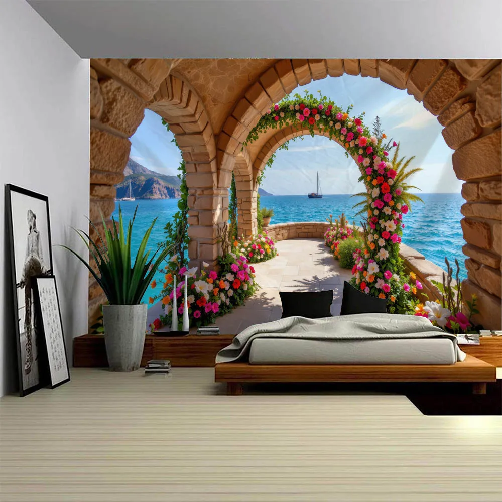 Large Wall Hanging Tapestry Sea View Stone Balcony Floral Home Decor for Living Room Children's Room - Balcony Stone Wall Decora