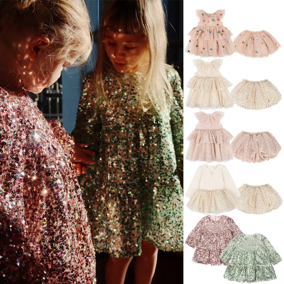 

2024 Christmas KS Girls Princess Mesh Dress Kids Pretty Sequin Dresses Baby Cute Skirt Carnival Party Children Voile Dress Gifts
