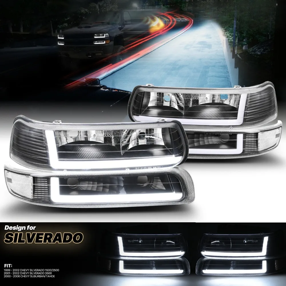 

4PC Black Headlight+Bumper Signal[LED RUNNING LIGHT BAR] for 1999-2006 Silverado