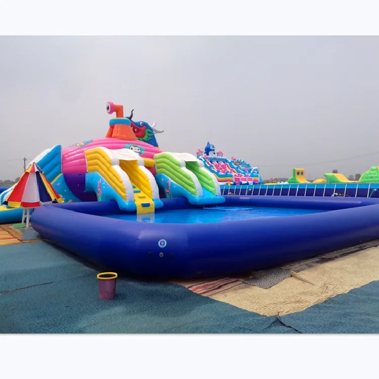 Factory sell submarine theme inflatable water park with two sides inflatable water slide and two sides pools