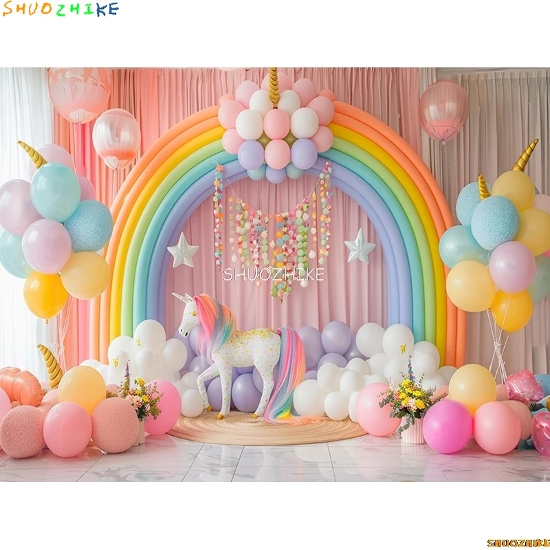 بالونات قوس قزح وخلفيات تصوير يونيكورن ، إكسسوارات للأطفال ، حفلات أعياد ميلاد لحديثي الولادة ، ديكورات خلفية ، من من من من من من من من من من من الخارج
