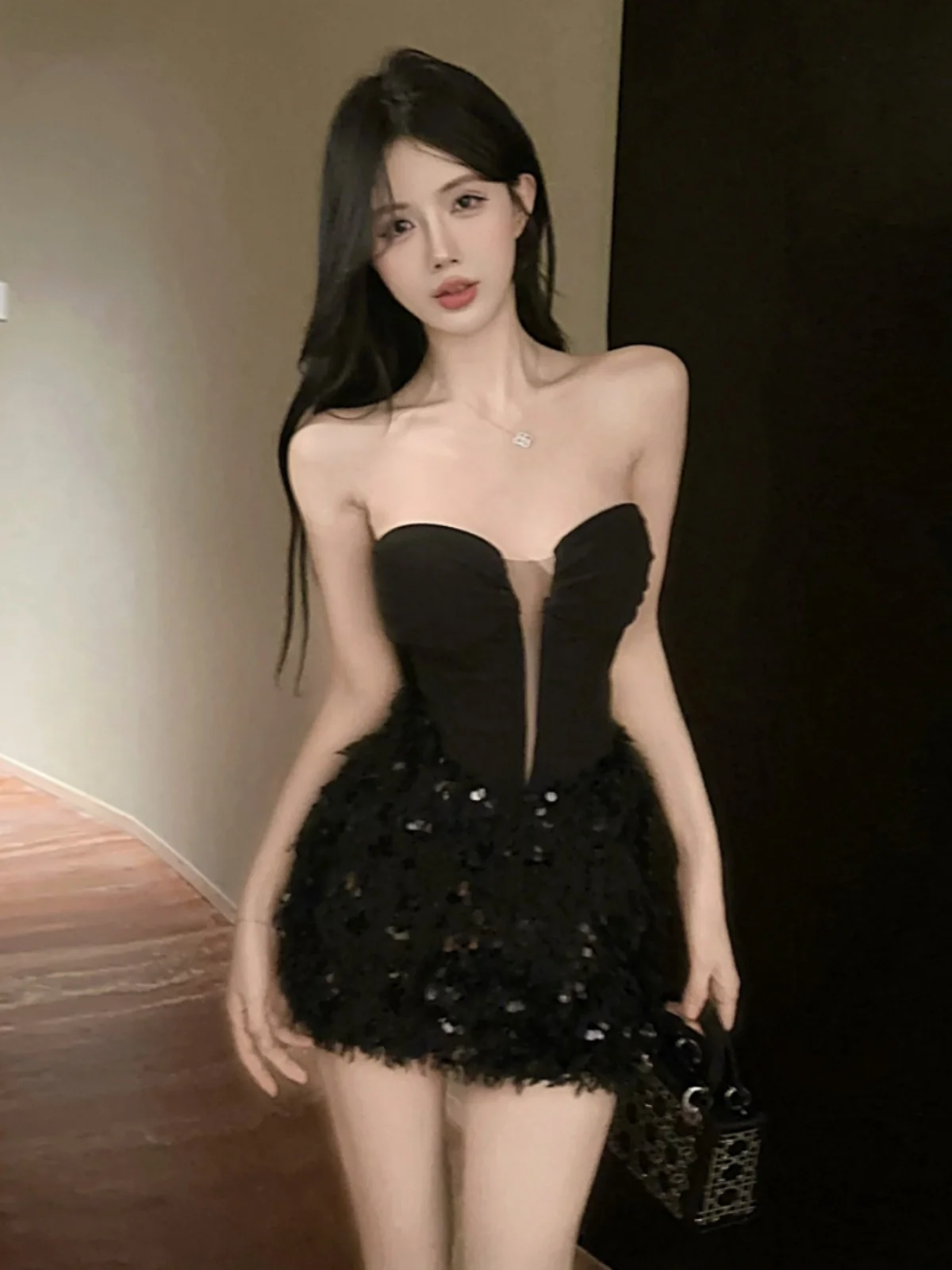 

Pure Desire Sexy Girl Sequin Trim Bustier Dr Waist Cinched Bodycon ort Skirt Women's Faion High Waist Wrap around Skirt