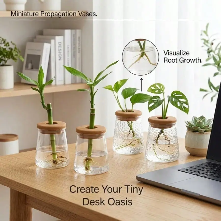 Transparent PET Material Glass-Like Hydroponic Flower Vase Geometric Planter Wooden Lid Hydroponic Vase Desktop Air Purifying Succulent Planter