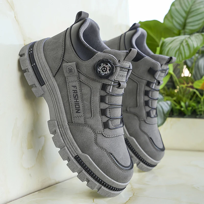 Men Rotating Buckle Suede Chunky Sole Work Shoes, Lightweight Anti Slip Mid Top Sneakers For Urban Daily Outdoor Hiking Office