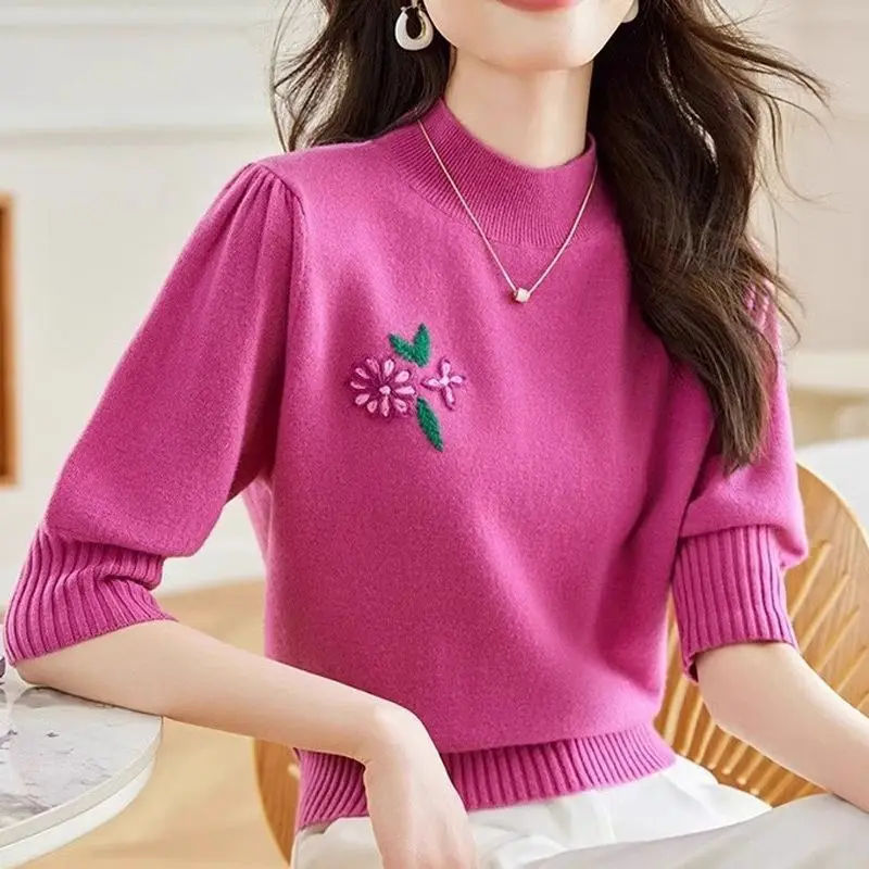 Korean Fashion Herbst Winter Pullover Frauen Solide Mock Neck Gestickte Temperament Büro Dame Halbe Hülse Pullover Gestrickte Tops