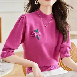 Korean Fashion Autumn Winter Sweater Women Solid Mock Neck Embroidered Temperamen Office Lady Half Sleeve Pullovers Knitted Tops
