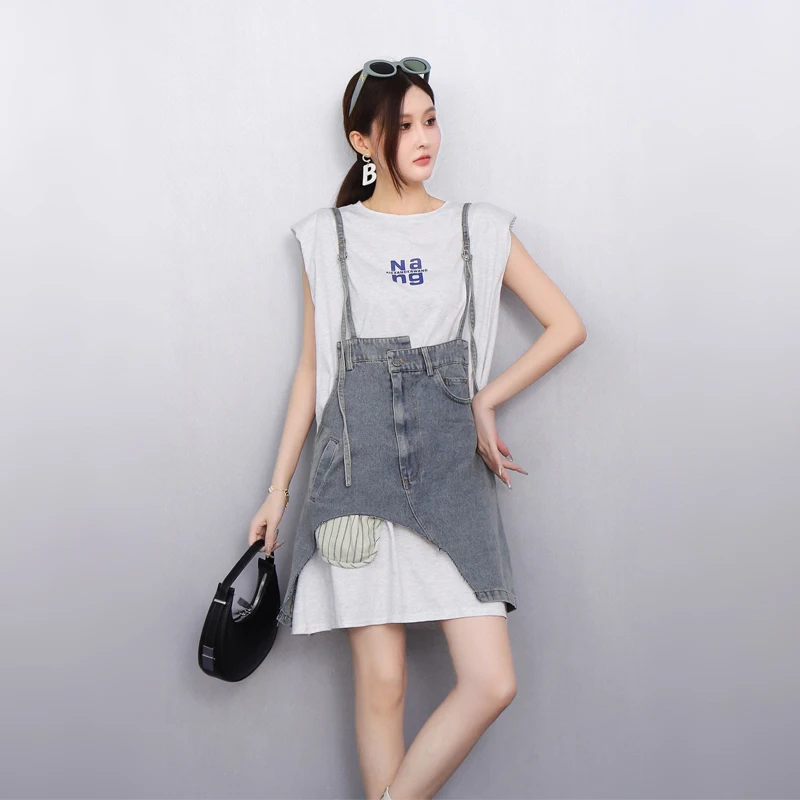 2025 봄 여름 우아한 루즈핏 티셔츠 스트랩 카우보이 롱 드레스 여성 반팔 드레스 여성 도매 J1159