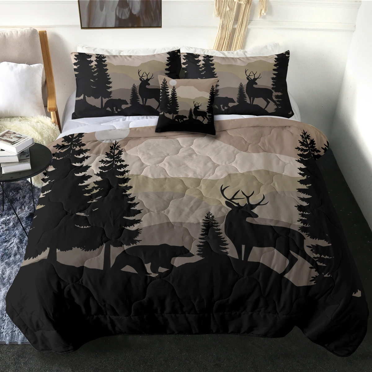 

Deer and Bear Design Comforter Set Animals on Mountain Forest Printed Quilt Set with Two Pillowcases and One Cushion Cover