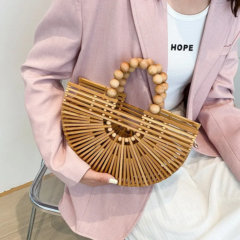 

Summer Bamboo Weaving Women's Handbag Fashion Wooden Beaded Handle Ladies Hollow Out Beach Bag Bohemian Bali Seaside Travel Bag