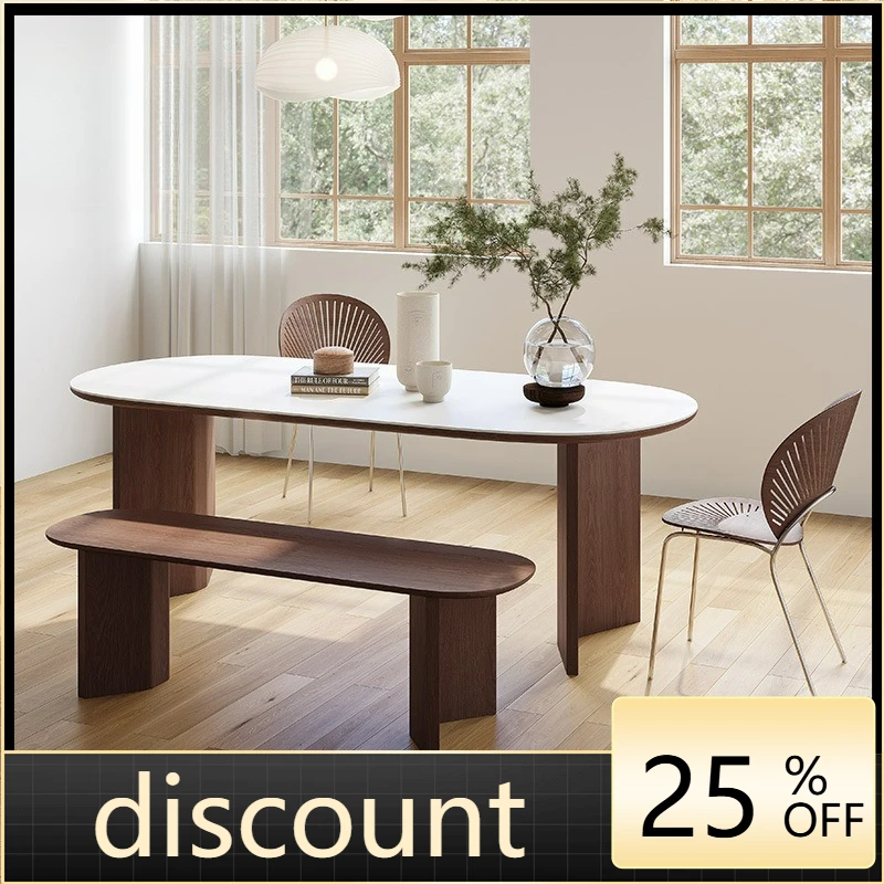 LTT wabi sandy wind solid wood rock slab dining table household simple modern two-end round dining table and chair combination